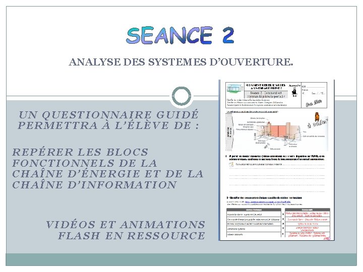 ANALYSE DES SYSTEMES D’OUVERTURE. UN QUESTIONNAIRE GUIDÉ PERMETTRA À L’ÉLÈVE DE : REPÉRER LES