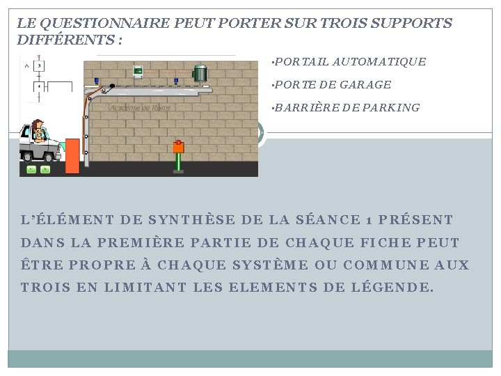 LE QUESTIONNAIRE PEUT PORTER SUR TROIS SUPPORTS DIFFÉRENTS : • PORTAIL AUTOMATIQUE • PORTE