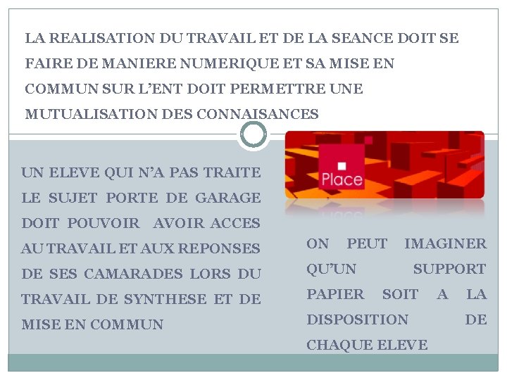 LA REALISATION DU TRAVAIL ET DE LA SEANCE DOIT SE FAIRE DE MANIERE NUMERIQUE