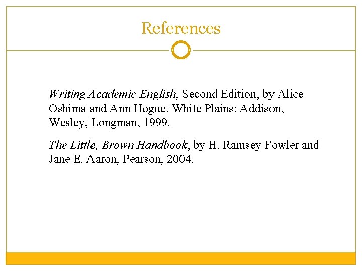 References Writing Academic English, Second Edition, by Alice Oshima and Ann Hogue. White Plains: