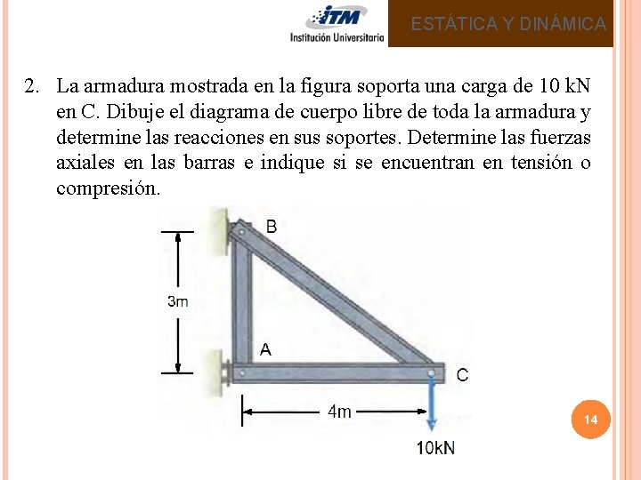 ESTÁTICA Y DINÁMICA 2. La armadura mostrada en la figura soporta una carga de ESTÁTICA Y DINÁMICA 2. La armadura mostrada en la figura soporta una carga de