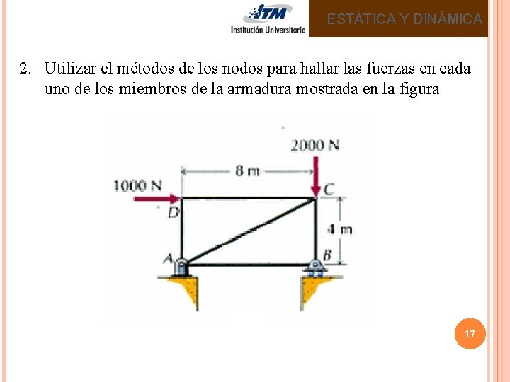 ESTÁTICA Y DINÁMICA 2. Utilizar el métodos de los nodos para hallar las fuerzas