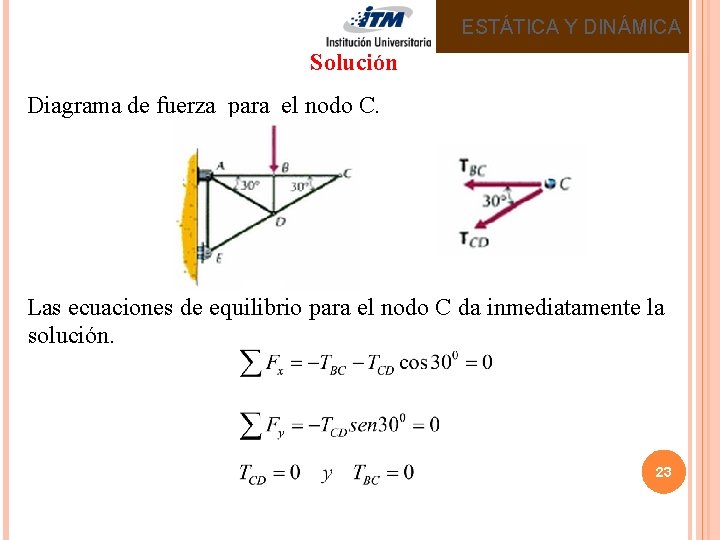 ESTÁTICA Y DINÁMICA Solución Diagrama de fuerza para el nodo C. Las ecuaciones de