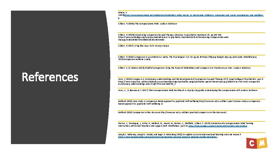 Weare, K (2003)https: //www. researchgate. net/publication/242610650_What_Works_in_Developing_Children's_Emotional_and_Social_Competence_and_Wellbein g Gilbert, P (2009 a) The Compassionate Mind. Weare, K (2003)https: //www. researchgate. net/publication/242610650_What_Works_in_Developing_Children's_Emotional_and_Social_Competence_and_Wellbein g Gilbert, P (2009 a) The Compassionate Mind.