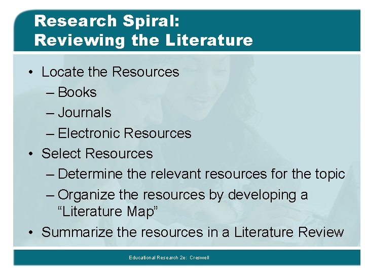 Research Spiral: Reviewing the Literature • Locate the Resources – Books – Journals – Research Spiral: Reviewing the Literature • Locate the Resources – Books – Journals –