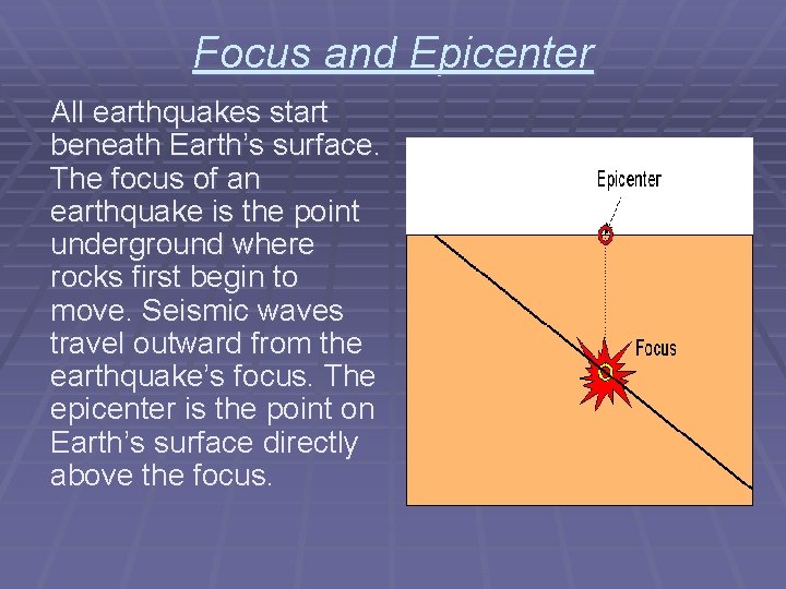 Focus and Epicenter All earthquakes start beneath Earth’s surface. The focus of an earthquake