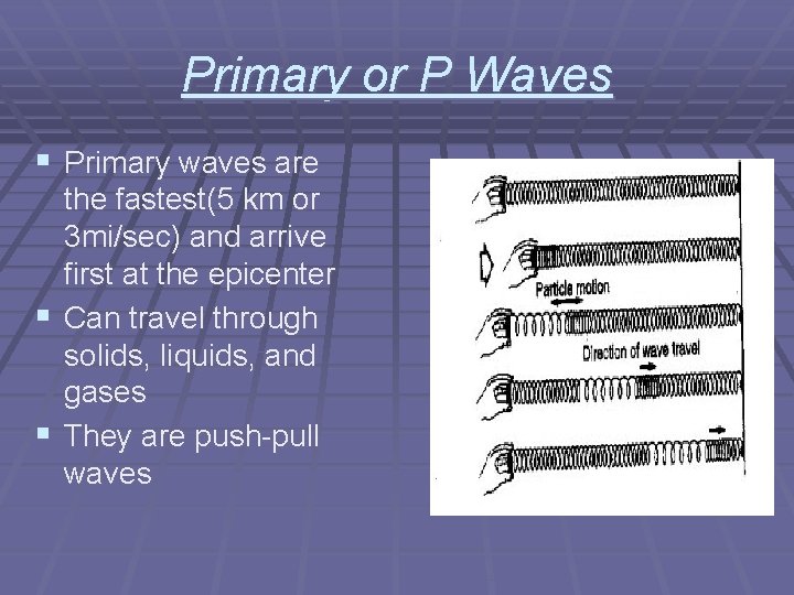 Primary or P Waves § Primary waves are the fastest(5 km or 3 mi/sec)