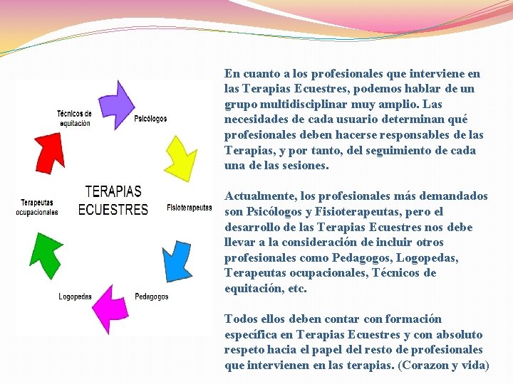 En cuanto a los profesionales que interviene en las Terapias Ecuestres, podemos hablar de