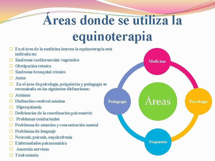 Áreas donde se utiliza la equinoterapia � En el área de la medicina interna