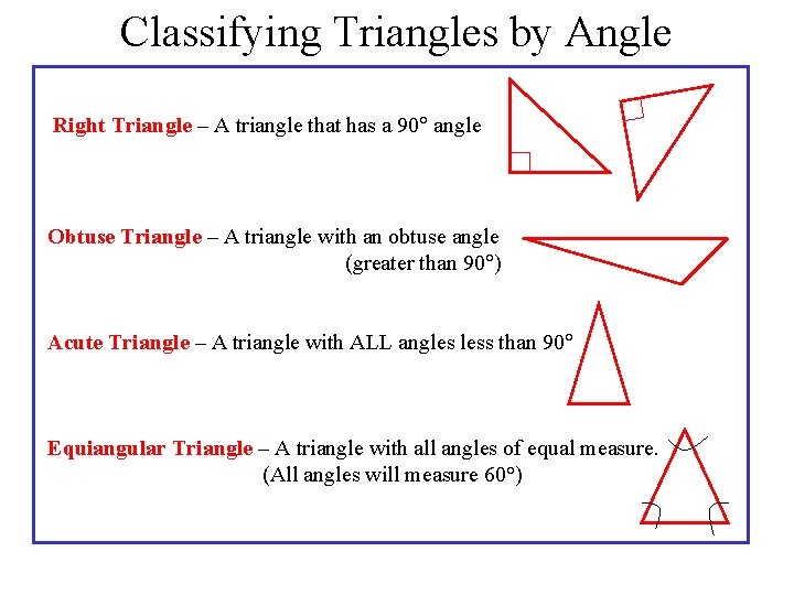 Classifying Triangles by Angle Right Triangle – A triangle that has a 90 angle