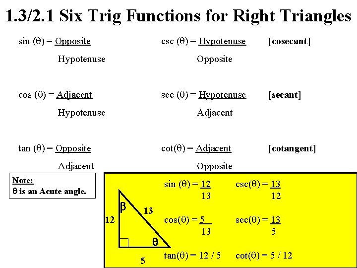 1. 3/2. 1 Six Trig Functions for Right Triangles sin ( ) = Opposite