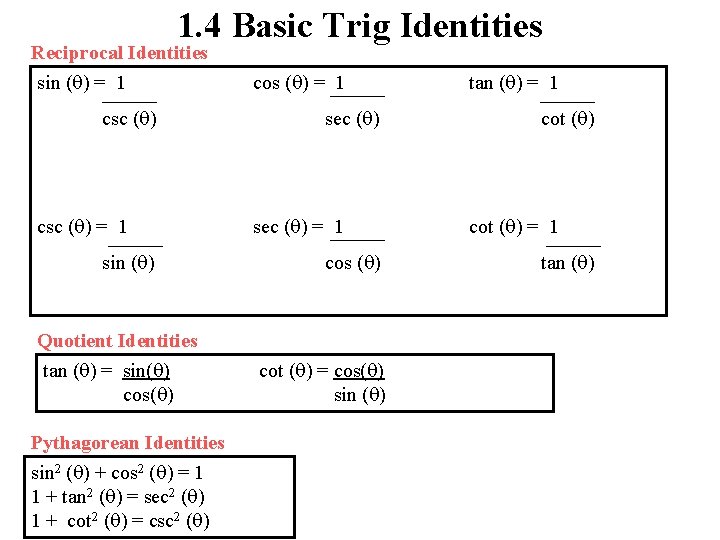 1. 4 Basic Trig Identities Reciprocal Identities sin ( ) = 1 csc (