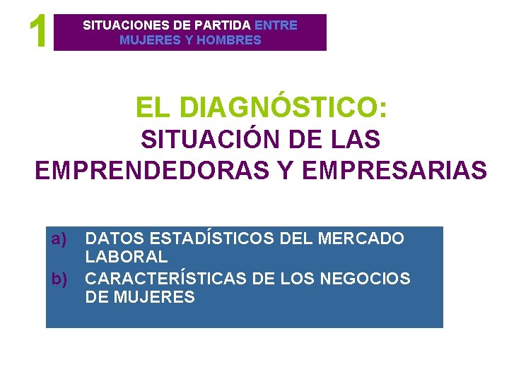 1 SITUACIONES DE PARTIDA ENTRE MUJERES Y HOMBRES EL DIAGNÓSTICO: SITUACIÓN DE LAS EMPRENDEDORAS 1 SITUACIONES DE PARTIDA ENTRE MUJERES Y HOMBRES EL DIAGNÓSTICO: SITUACIÓN DE LAS EMPRENDEDORAS