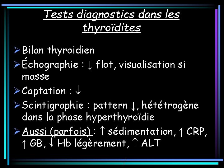 Tests diagnostics dans les thyroïdites Ø Bilan thyroidien Ø Échographie : ↓ flot, visualisation Tests diagnostics dans les thyroïdites Ø Bilan thyroidien Ø Échographie : ↓ flot, visualisation