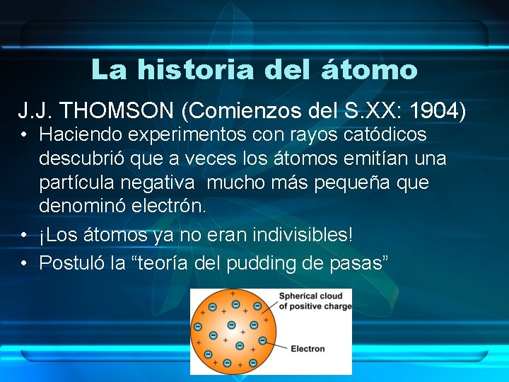 La historia del átomo J. J. THOMSON (Comienzos del S. XX: 1904) • Haciendo