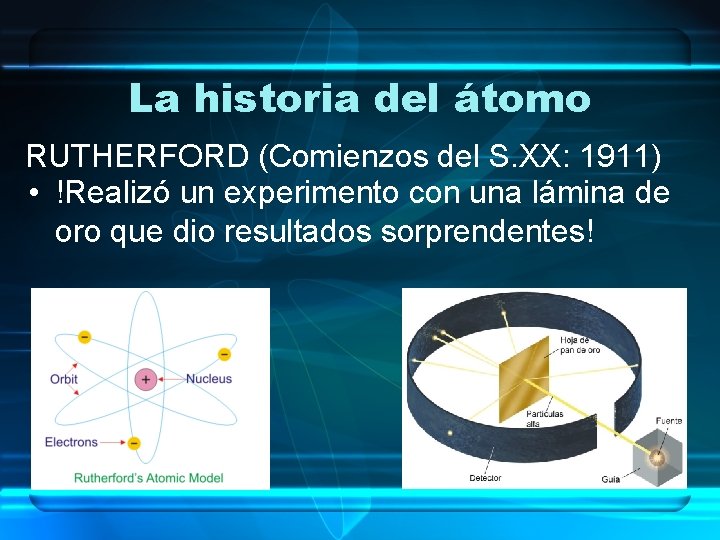 La historia del átomo RUTHERFORD (Comienzos del S. XX: 1911) • !Realizó un experimento