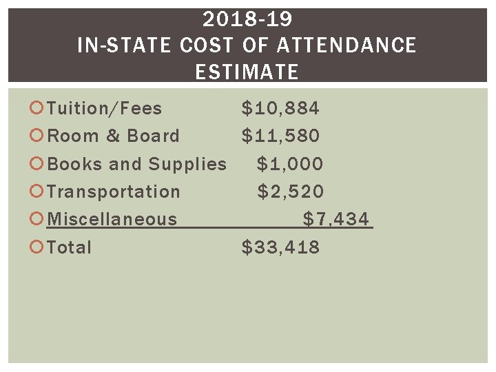 2018 -19 IN-STATE COST OF ATTENDANCE ESTIMATE Tuition/Fees $10, 884 Room & Board $11,