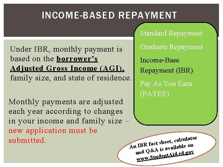 INCOME-BASED REPAYMENT Standard Repayment Graduate Repayment Under IBR, monthly payment is based on the