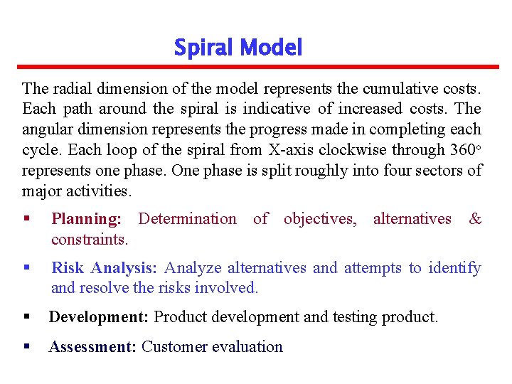 Spiral Model The radial dimension of the model represents the cumulative costs. Each path