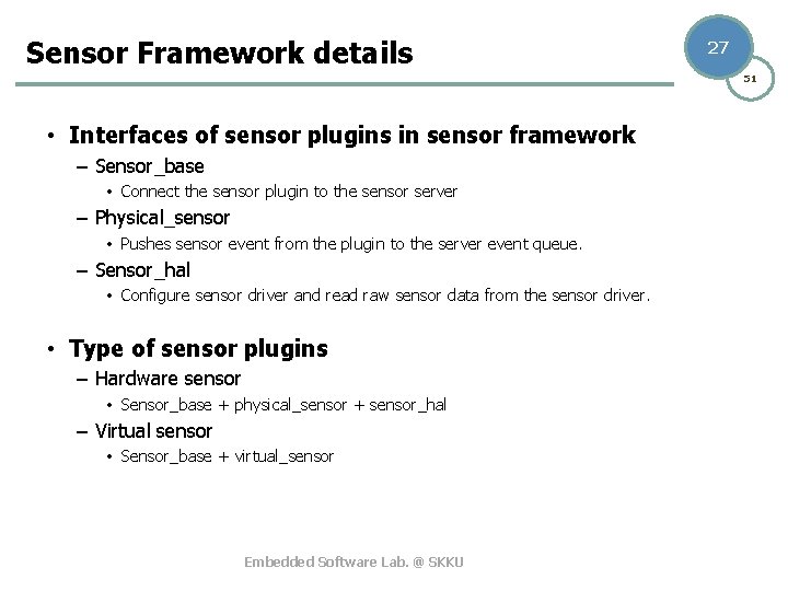 Sensor Framework details 27 51 • Interfaces of sensor plugins in sensor framework –