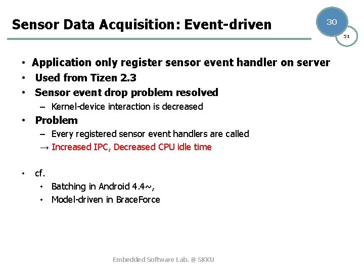Sensor Data Acquisition: Event-driven 30 51 • Application only register sensor event handler on