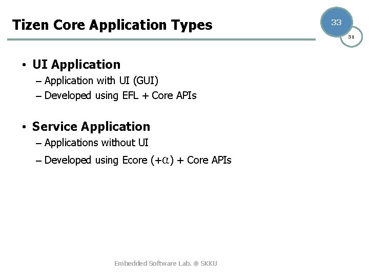 Tizen Core Application Types 33 51 • UI Application – Application with UI (GUI)