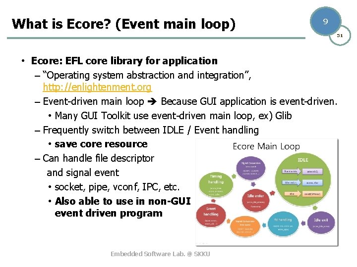 What is Ecore? (Event main loop) 9 51 • Ecore: EFL core library for