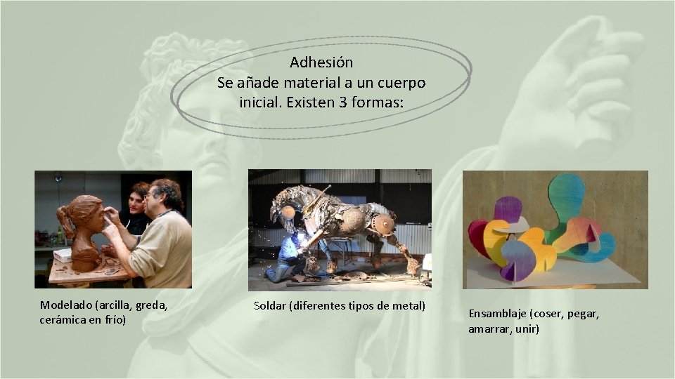 Adhesión Se añade material a un cuerpo inicial. Existen 3 formas: Modelado (arcilla, greda,