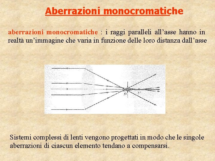 Aberrazioni monocromatiche aberrazioni monocromatiche : i raggi paralleli all’asse hanno in realtà un’immagine che
