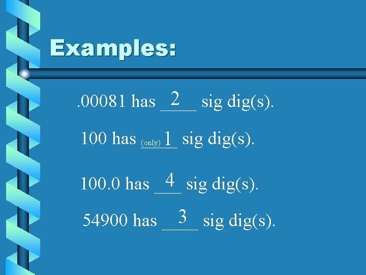 Examples: 2 sig dig(s). . 00081 has ____ 100 has ____ (only) 1 sig