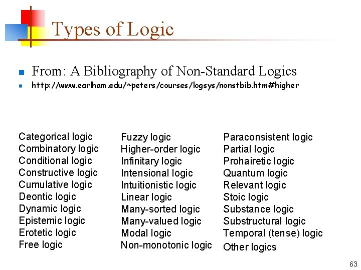 Types of Logic n From: A Bibliography of Non-Standard Logics n http: //www. earlham.