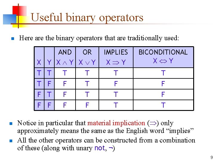 Useful binary operators n Here are the binary operators that are traditionally used: AND