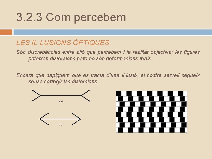 3. 2. 3 Com percebem LES IL·LUSIONS ÒPTIQUES Són discrepàncies entre allò que percebem