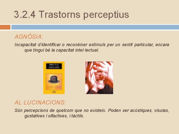 3. 2. 4 Trastorns perceptius AGNÒSIA: Incapacitat d’identificar o reconèixer estímuls per un sentit