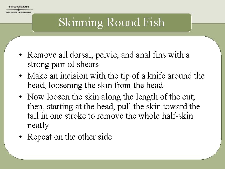 Skinning Round Fish • Remove all dorsal, pelvic, and anal fins with a strong