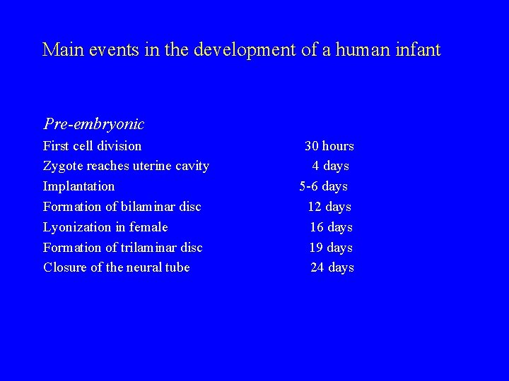 Main events in the development of a human infant Pre-embryonic First cell division Zygote