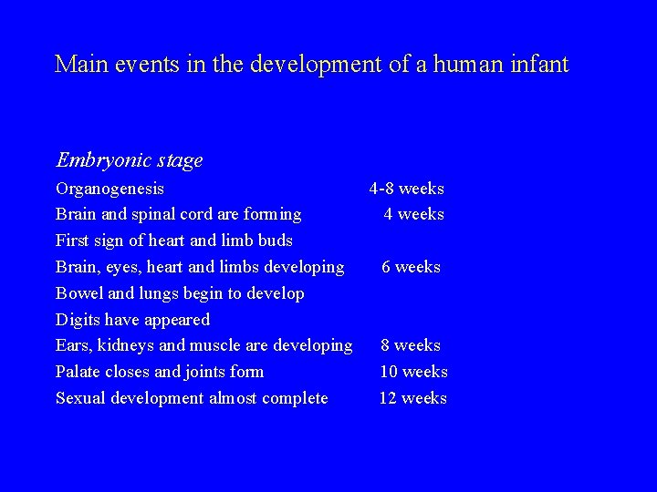 Main events in the development of a human infant Embryonic stage Organogenesis 4 -8