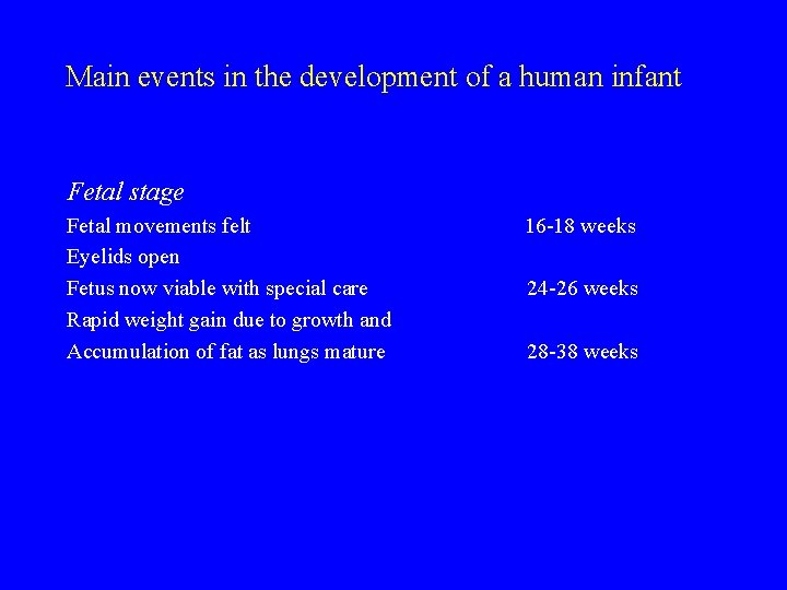 Main events in the development of a human infant Fetal stage Fetal movements felt