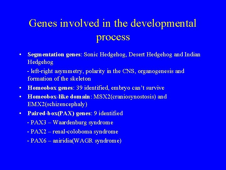 Genes involved in the developmental process • Segmentation genes: Sonic Hedgehog, Desert Hedgehog and