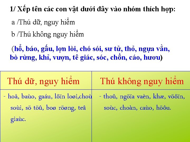 1/ Xếp tên các con vật dưới đây vào nhóm thích hợp: a /Thú