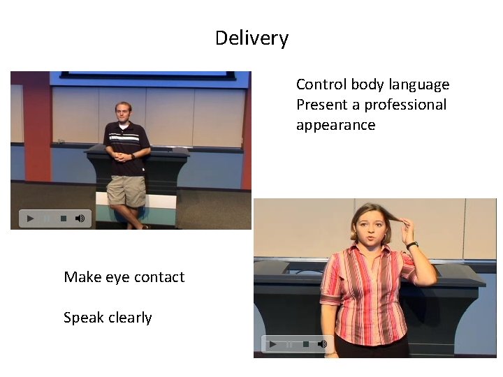 Delivery Control body language Present a professional appearance Make eye contact Speak clearly 