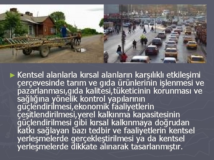 ► Kentsel alanlarla kırsal alanların karşılıklı etkileşimi çerçevesinde tarım ve gıda ürünlerinin işlenmesi ve