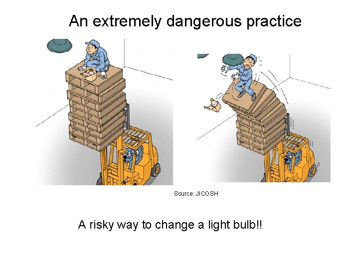 An extremely dangerous practice Source: JICOSH A risky way to change a light bulb!!