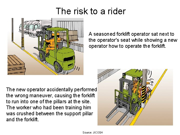 The risk to a rider A seasoned forklift operator sat next to the operator's