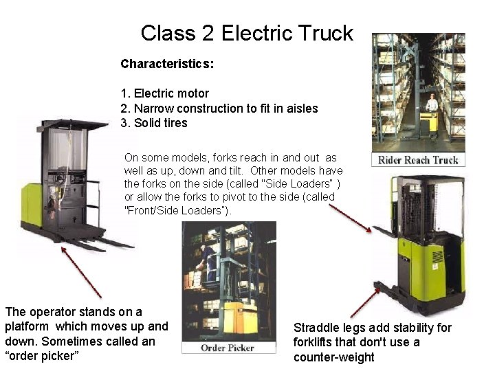 Class 2 Electric Truck Characteristics: 1. Electric motor 2. Narrow construction to fit in