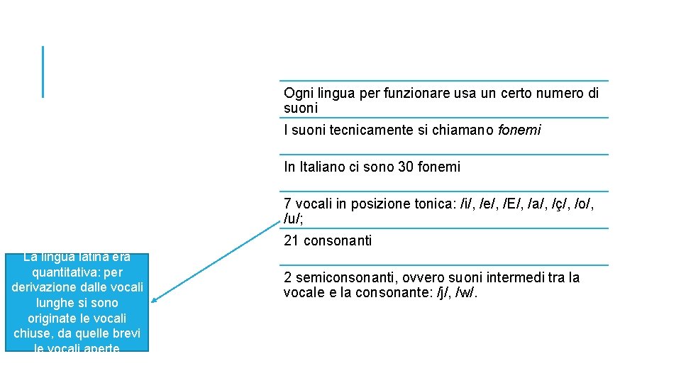 Ogni lingua per funzionare usa un certo numero di suoni I suoni tecnicamente si