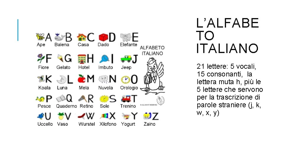 L’ALFABE TO ITALIANO 21 lettere: 5 vocali, 15 consonanti, la lettera muta h, più