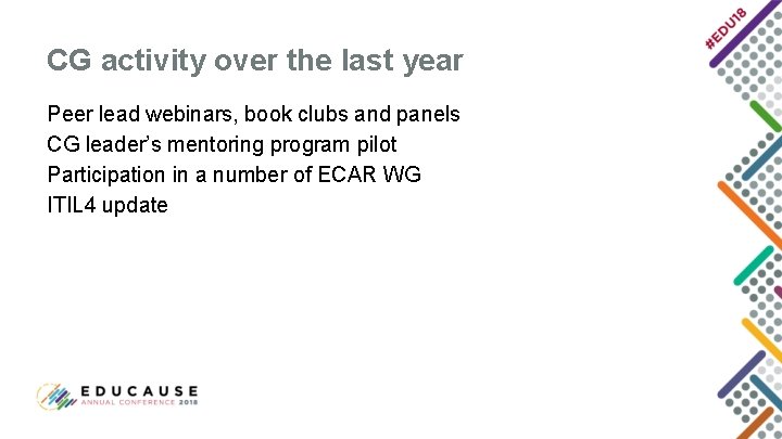 CG activity over the last year Peer lead webinars, book clubs and panels CG