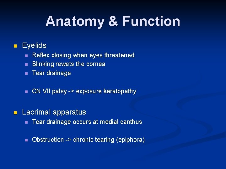 Anatomy & Function n Eyelids n Reflex closing when eyes threatened Blinking rewets the