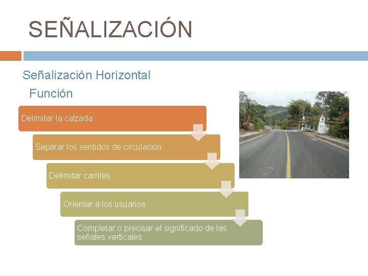 SEÑALIZACIÓN Señalización Horizontal Función Delimitar la calzada Separar los sentidos de circulación Delimitar carriles